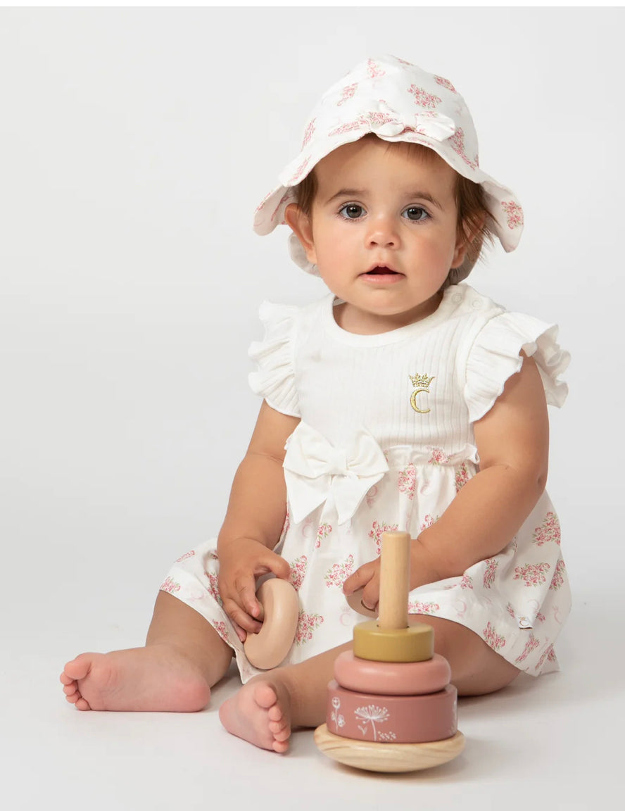 Caramelo Ivory Ribbed Summer Garden Baby Dress With Hat 031280