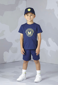 Mitch & Son WAYNE WYLIE Navy Blue Rubber Logo T-shirt And Knitted Poly Shorts MS24314 MS24317