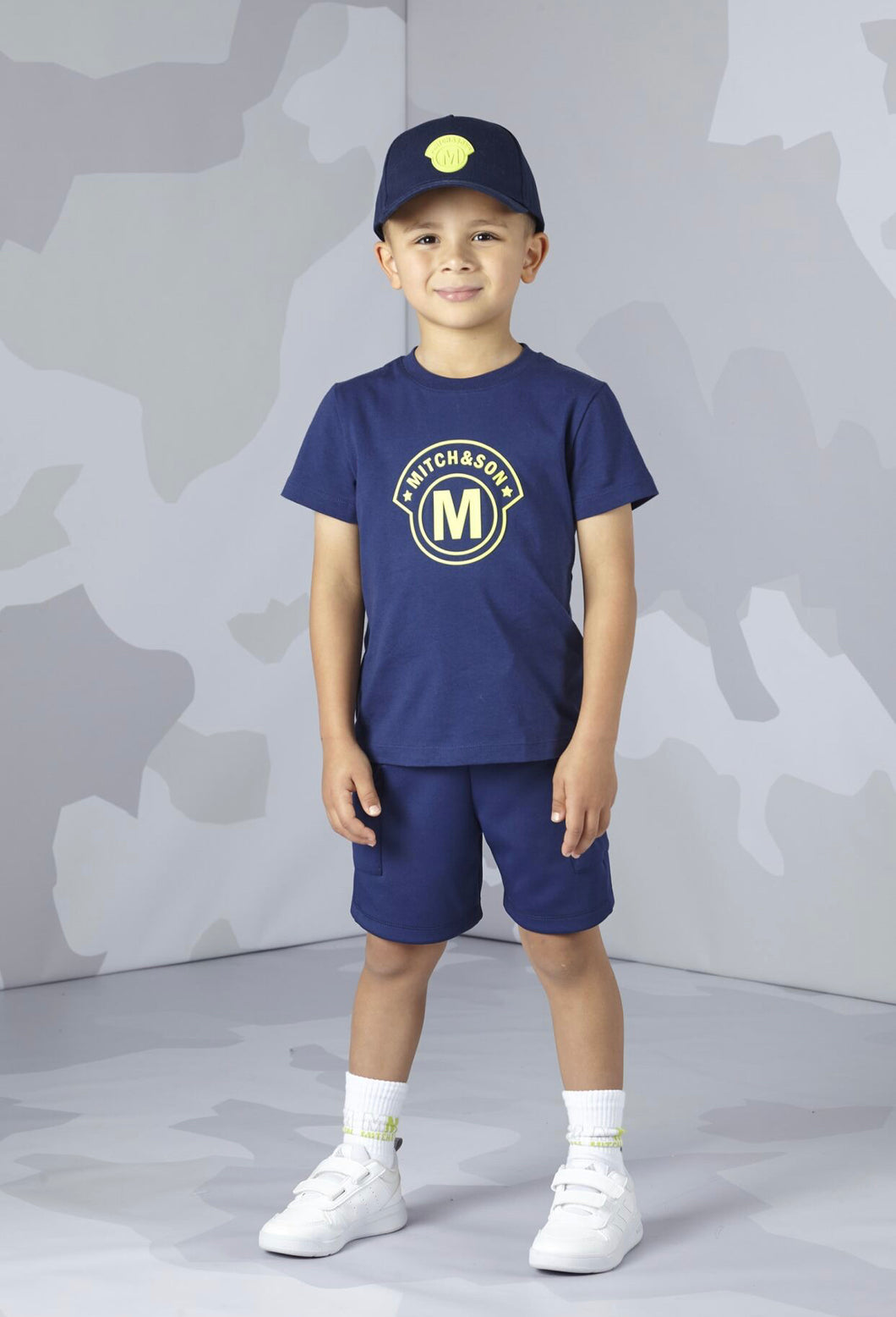 Mitch & Son WAYNE WYLIE Navy Blue Rubber Logo T-shirt And Knitted Poly Shorts MS24314 MS24317