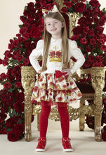 Load image into Gallery viewer, Girl standing wearing cream ADee dress with large red crown motif on front and printed double ra ra edge with red crown print and red bow
