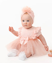 Load image into Gallery viewer, Caramelo Pink Ribbed Tulle Baby Dress With Turban 031283

