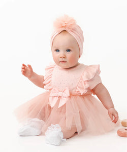 Caramelo Pink Ribbed Tulle Baby Dress With Turban 031283