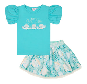 ADee OLIVE Aruba Blue Pearl Print Skirt Set S244519