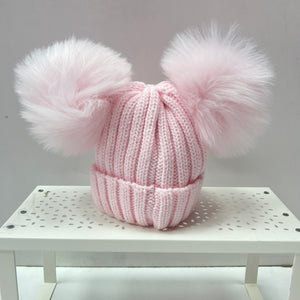 Kinder Pink knitted Double Pom Pom Hat