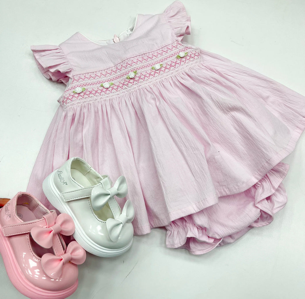 Deolinda Baby Girls Rose Pink Smock Dress & Bloomers set DBV24324