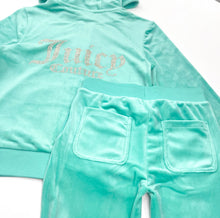 Load image into Gallery viewer, Juicy Couture Turquoise Boot Cut Zip Up Tracksuit
