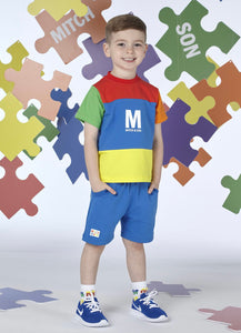 Mitch & Son VIGGO VIAN Multi Colour Block T-shirt And Blue Sweat Shorts MS24219 MS24220