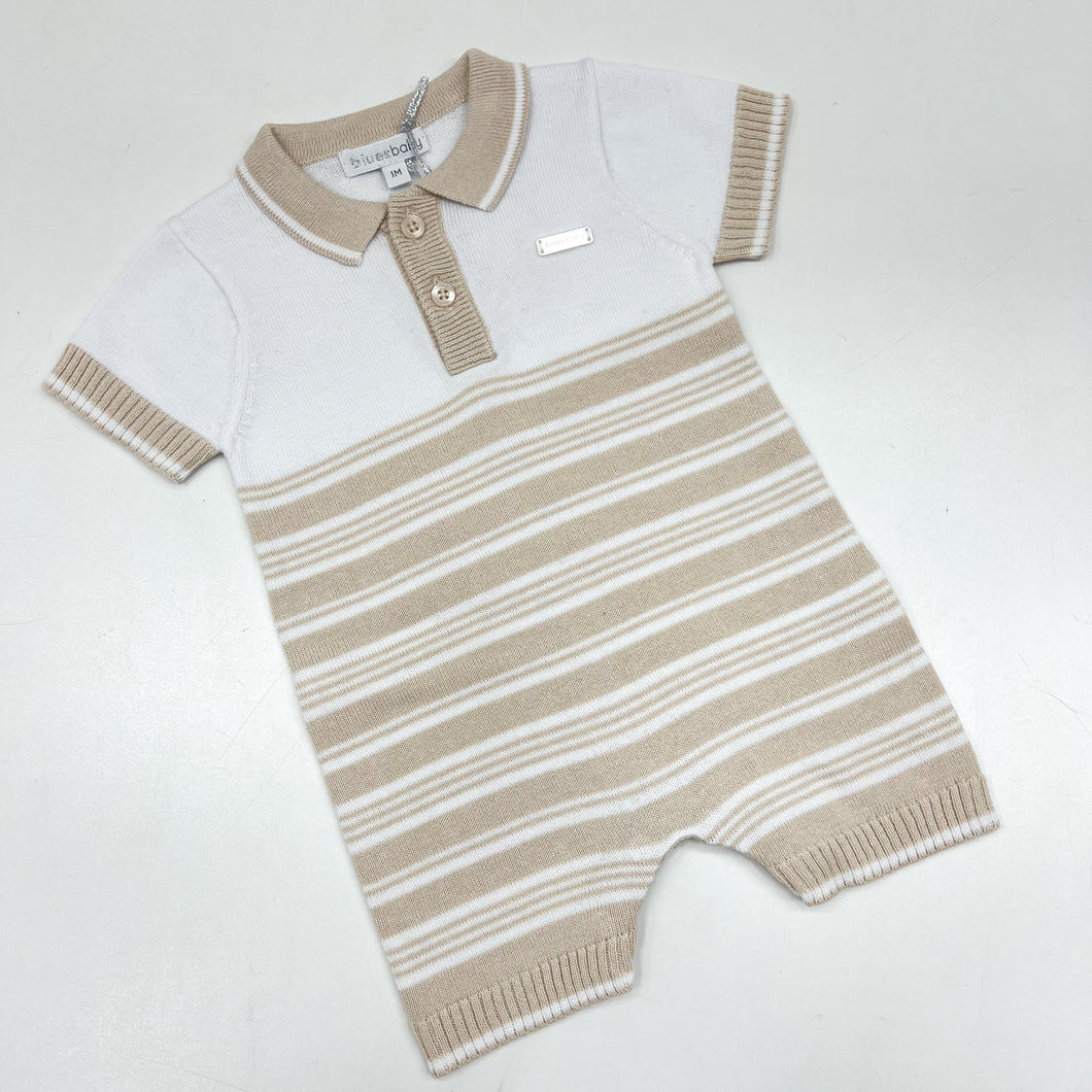 Blues Baby Boys Beige Knitted Stripe Romper With Collar BB1344