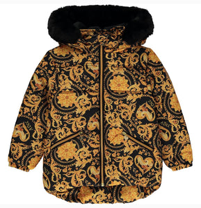 ADee BOBBIE Black Faux Fur Hooded Baroque Print Jacket W232205