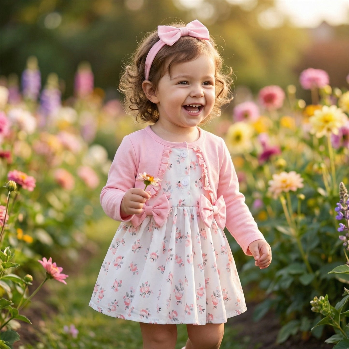 Pink Floral Bow Dress Set