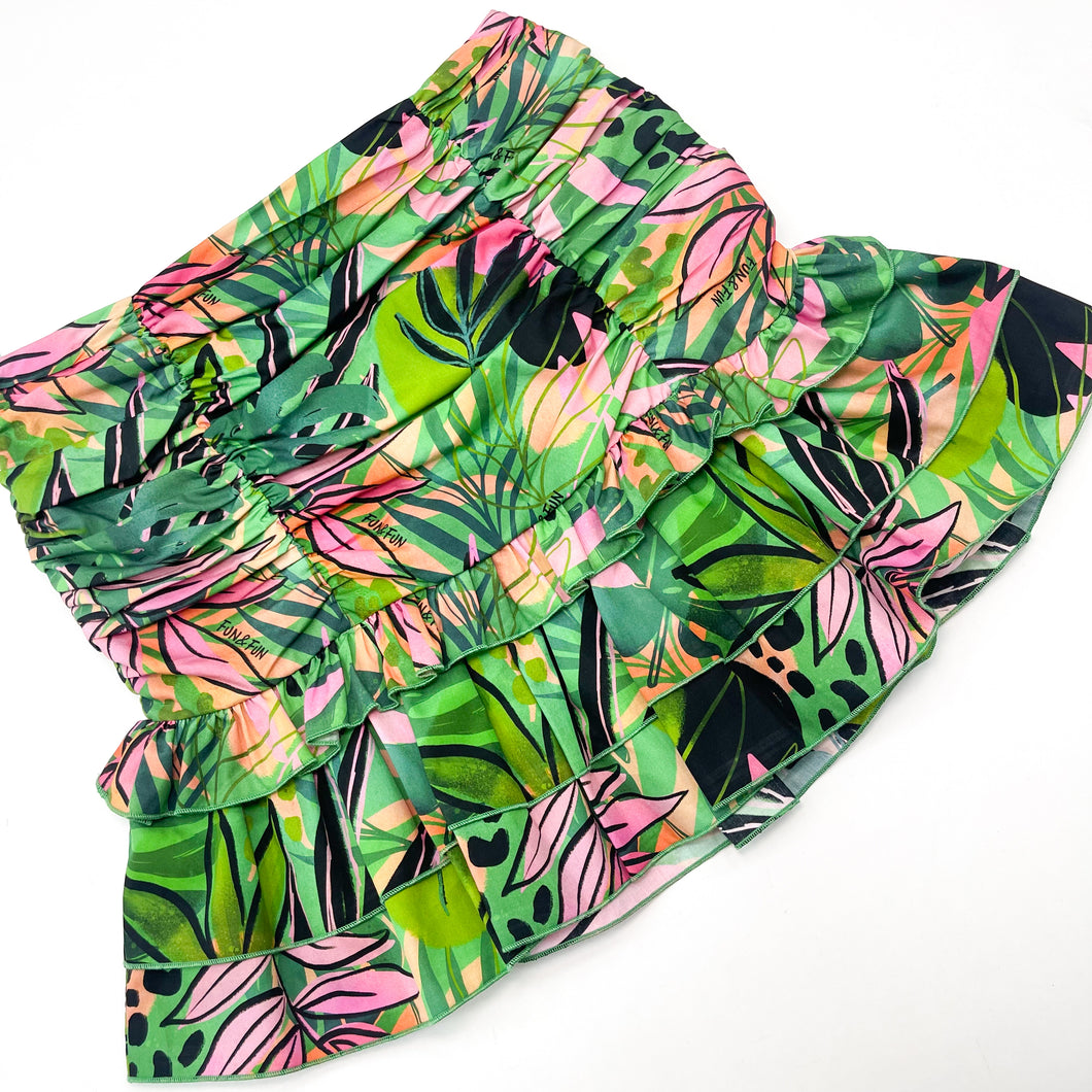 Fun & Fun Green Tropical Print Ruched Skirt FNJSK17093