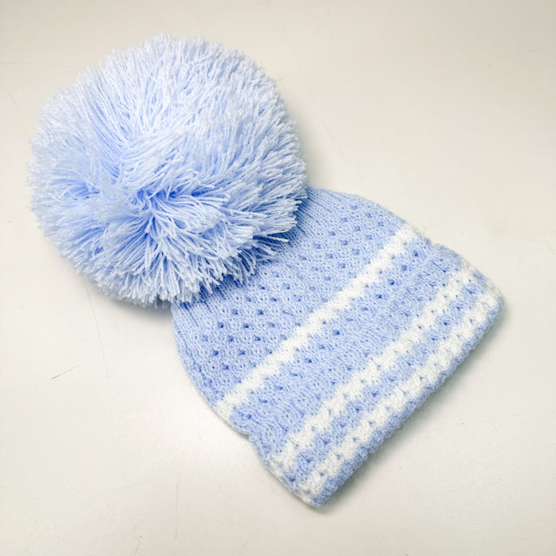 Kinder Blue With White Stripe Pom Pom Hat