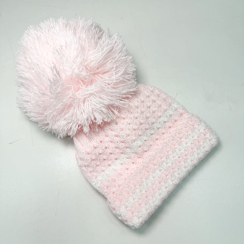 Kinder Pink With White Stripe Pom Pom Hat