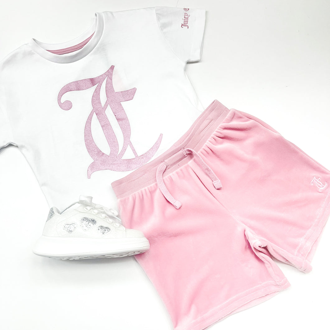Juicy Couture Girls White T shirt and Velour Short Set