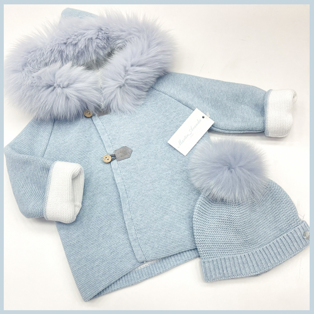Martina Aranda Baby Boys Pale Blue knitted Cardigan with Fur Trimmed hood